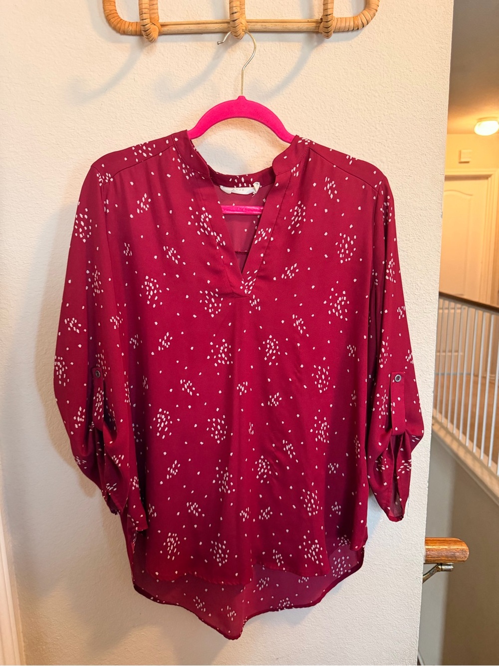 Lush Deep Berry V-Neck Tunic with White Dot Print